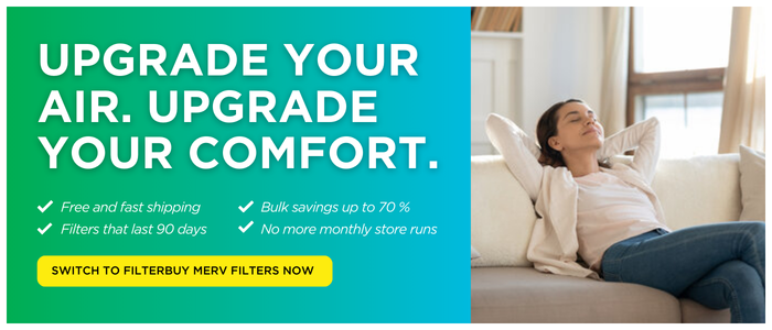 Filterbuy MERV air filters with fast shipping and bulk savings, shown alongside a woman enjoying cleaner indoor air at home.